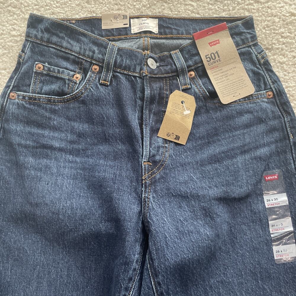 Levis 501 Curve High Rise Straight Leg Stretch Dark Blue Jeans Womens 26x30 NWT